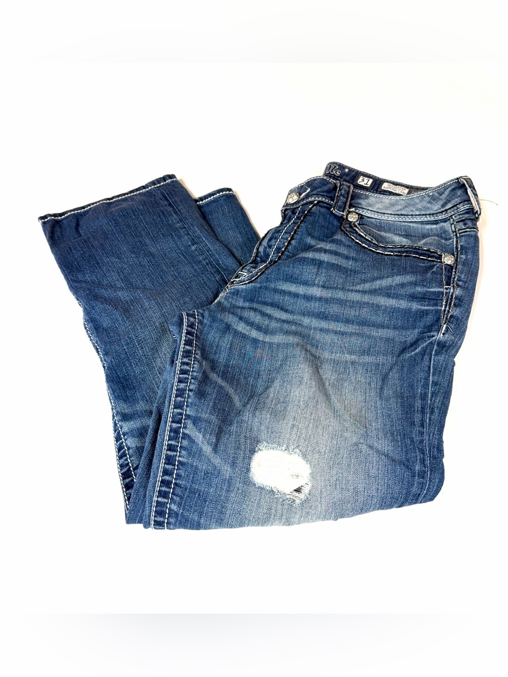 Y2K Miss Me Women’s Size 31 Boyfriend Capri Jeans Dark Wash Distressed #0593